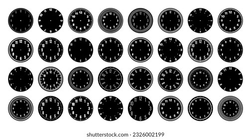 Mechanical clock faces, watch dial with numerals, bezel. Timer or stopwatch element with minute, hour marks and numbers. Blank measuring circle scale with divisions. Vector illustration