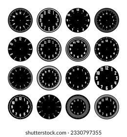 Mechanical clock faces, watch dial with numerals, bezel. Timer or stopwatch element with minute, hour marks and numbers. Blank measuring circle scale with divisions. Vector illustration