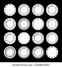 Mechanical clock faces, watch dial with numerals, bezel. Timer or stopwatch element with minute, hour marks and numbers. Blank measuring circle scale with divisions. Vector illustration