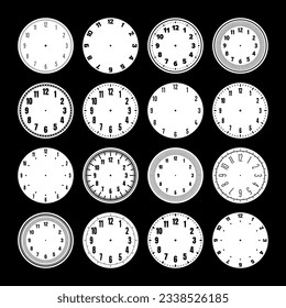 Mechanical clock faces, watch dial with numerals, bezel. Timer or stopwatch element with minute, hour marks and numbers. Blank measuring circle scale with divisions. Vector illustration