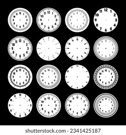 Mechanical clock faces, watch dial with numerals, bezel. Timer or stopwatch element with minute, hour marks and numbers. Blank measuring circle scale with divisions. Vector illustration