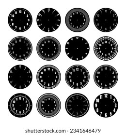 Mechanical clock faces, watch dial with numerals, bezel. Timer or stopwatch element with minute, hour marks and numbers. Blank measuring circle scale with divisions. Vector illustration