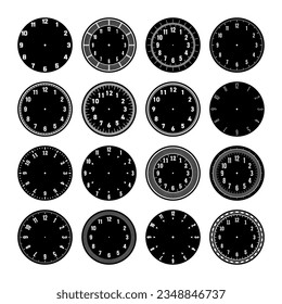 Mechanical clock faces, watch dial with numerals, bezel. Timer or stopwatch element with minute, hour marks and numbers. Blank measuring circle scale with divisions. Vector illustration