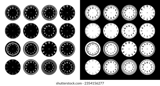 Caras mecánicas de reloj, reloj marcado con números, bisel. Elemento Timer o stopwatch con marcas de minuto, hora y números. Escala de círculo de medida en blanco con divisiones. Ilustración vectorial.