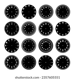 Mechanical clock faces, watch dial with numerals, bezel. Timer or stopwatch element with minute, hour marks and numbers. Blank measuring circle scale with divisions. Vector illustration