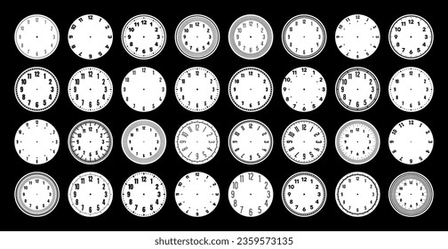 Mechanical clock faces, watch dial with numerals, bezel. Timer or stopwatch element with minute, hour marks and numbers. Blank measuring circle scale with divisions. Vector illustration