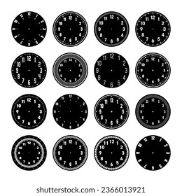 Mechanical clock faces, watch dial with numerals, bezel. Timer or stopwatch element with minute, hour marks and numbers. Blank measuring circle scale with divisions. Vector illustration