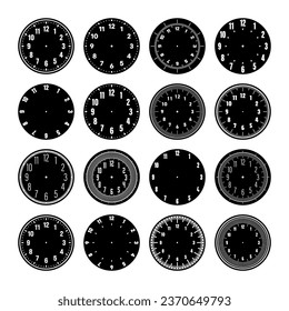 Mechanical clock faces, watch dial with numerals, bezel. Timer or stopwatch element with minute, hour marks and numbers. Blank measuring circle scale with divisions. Vector illustration