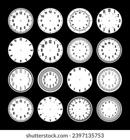 Mechanical clock faces, watch dial with numerals, bezel. Timer or stopwatch element with minute, hour marks and numbers. Blank measuring circle scale with divisions. Vector illustration