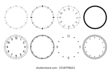 Relógio mecânico. Modelo para relógios e infográficos. Numeral no sentido horário. Face de círculo e relógio redondo. Medição do tempo. Coleção de vetores planos isolada no plano de fundo branco