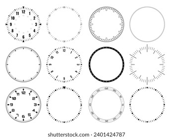 Mechanical Clock Style Smartwatch Faces Bezel Designs. Digital Watch HUD Dial with Minute, Hour, Second Marks. Timer or Stopwatch. Blank Measuring Circle Scale Vector Illustration.