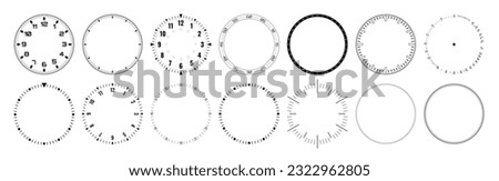 Mechanical Clock Style Smartwatch Faces Bezel Designs. Digital Watch HUD Dial with Minute, Hour, Second Marks. Timer or Stopwatch. Blank Measuring Circle Scale Vector Illustration.