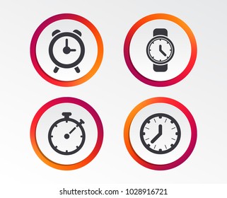 Mechanical clock time icons. Stopwatch timer symbol. Wake up alarm sign. Infographic design buttons. Circle templates. Vector