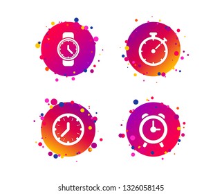 Mechanical clock time icons. Stopwatch timer symbol. Wake up alarm sign. Gradient circle buttons with icons. Random dots design. Vector
