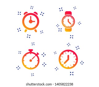 Mechanical clock time icons. Stopwatch timer symbol. Wake up alarm sign. Random dynamic shapes. Gradient watch icon. Vector