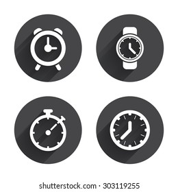 Mechanical clock time icons. Stopwatch timer symbol. Wake up alarm sign. Circles buttons with long flat shadow. Vector