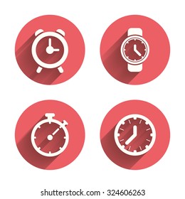 Mechanical clock time icons. Stopwatch timer symbol. Wake up alarm sign. Pink circles flat buttons with shadow. Vector