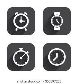 Mechanical clock time icons. Stopwatch timer symbol. Wake up alarm sign. Square flat buttons with long shadow.