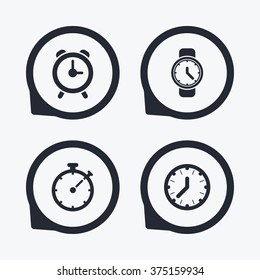 Mechanical clock time icons. Stopwatch timer symbol. Wake up alarm sign. Flat icon pointers.