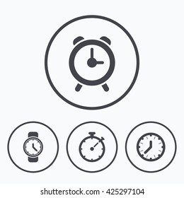 Mechanical clock time icons. Stopwatch timer symbol. Wake up alarm sign. Icons in circles.