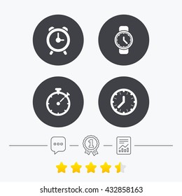 Mechanical clock time icons. Stopwatch timer symbol. Wake up alarm sign. Chat, award medal and report linear icons. Star vote ranking. Vector