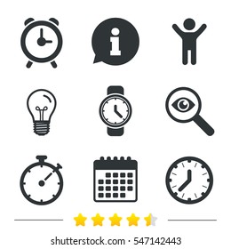Mechanical clock time icons. Stopwatch timer symbol. Wake up alarm sign. Information, light bulb and calendar icons. Investigate magnifier. Vector