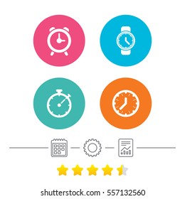 Mechanical clock time icons. Stopwatch timer symbol. Wake up alarm sign. Calendar, cogwheel and report linear icons. Star vote ranking. Vector