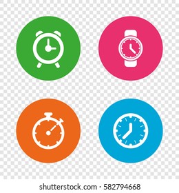 Mechanical clock time icons. Stopwatch timer symbol. Wake up alarm sign. Round buttons on transparent background. Vector