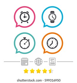 Mechanical clock time icons. Stopwatch timer symbol. Wake up alarm sign. Calendar, internet globe and report linear icons. Star vote ranking. Vector