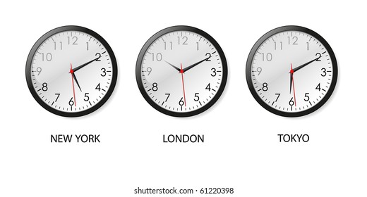 Mechanical clocks displaying time in three big cities (vector)