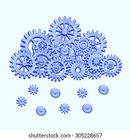 Mechanical cloud made from gears with snowflakes or raindrops