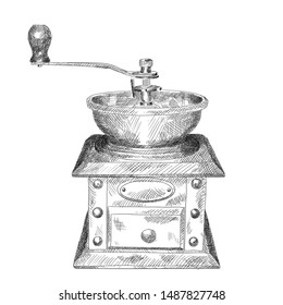 Mechanical coffee grinder with handle for beans. Pencil sketch isolated on a white background..