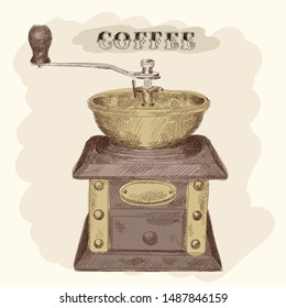 Mechanical coffee grinder with handle for beans. Pencil sketch on a beige background.