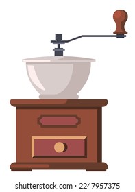 Instrumento mecánico de molino de café para moler frijoles en polvo. Icono aislado de instrumento vintage para cocina, electrodomésticos para cafe y restaurante, equipo doméstico. Vector de estilo plano