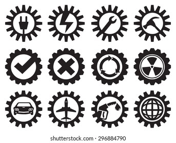 Mechanical cogs with conceptual symbols in the center. Vector icon set isolated on white background.