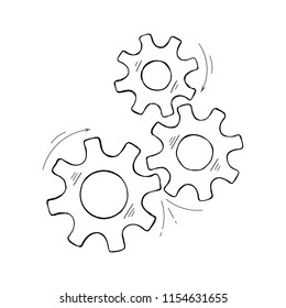 Mechanical cogs vector sketch. Development concept hand drawn mechanism construction with outline cog and gear signify people communication. Cogwheel illustration for technical symbol or web icons