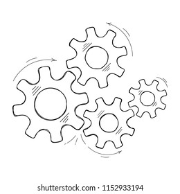 Mechanical cogs vector sketch illustration. Teamwork concept factory mechanism with hand drawn cog and gear signify human cooperation. Cogwheel graphic for technical symbol or modern background