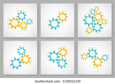 Mechanical cogwheel collection vector illustration. Set of development concept design element, mechanism construction with cog and gear in orange and yellow colors signify innovation teamwork.