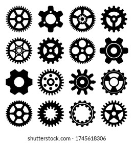 Aparatos mecánicos de engranaje cognoscitivo de 16 tipos, silueta negra, aislados sobre fondo blanco. Ilustración vectorial.