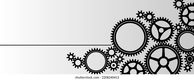 Mechanical cogwheel group banner. Small and large sprockets. Black silhouette gear icon design element. White background. Vector illustration.