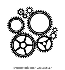 Grupo de rueda cognoscitiva mecánica. Pequeños y grandes cohetes. Elemento de diseño del icono de la silueta negra. Fondo blanco. Ilustración vectorial.
