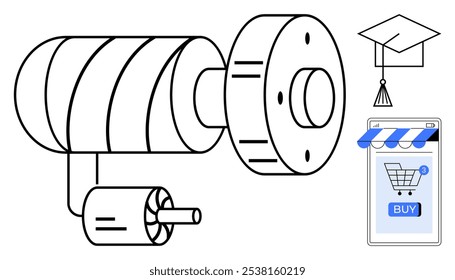 Componente mecânico ao lado de tampa de graduação e carrinho de compras on-line com botão Comprar. Ideal para a educação de engenharia e-commerce peças mecânicas aprendizagem on-line tecnologia compra digital