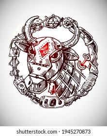 Mechanical cow. Hand drawn vector illustration steampunk style. Suitable for sites, packaging, as a design element