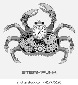 Mechanical crab with gear wheels and the watch. Vector illustration in steampunk style. It can be used for t-sirt print.