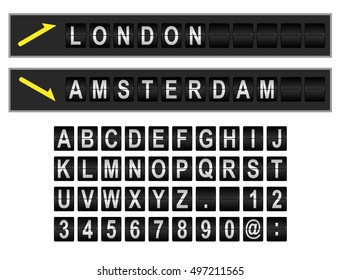 Mechanical departure and arrival board letters and numbers. Flip over vector display font
