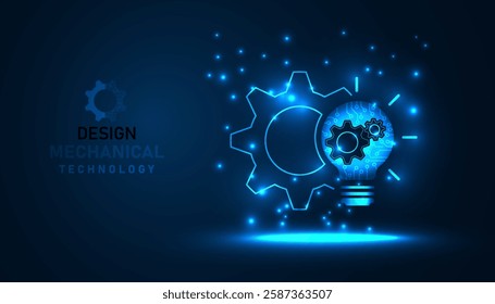 mechanical design Concept, technology, and engineering. Glowing gears and light bulb with circuit board pattern on a dark blue background. Symbolizes innovation, problem-solving