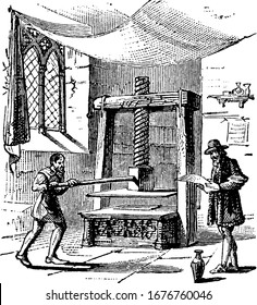 A mechanical device for applying pressure to an inked surface to make printed copies, often known as printing press, vintage line drawing or engraving illustration.