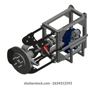 A mechanical device with a blue motor and a black wheel. The device is made of metal and has a grey color