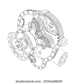 A mechanical device with a gear system. The gears are visible and the device is in a black and white drawing