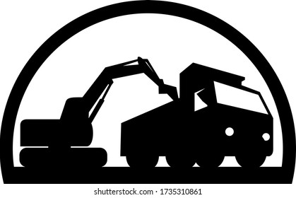 Mechanical Digger Loading Dump Truck Black and White